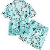 Hupohoi Unisex Kids Boys and Girls Pajama Sets Summer Short Sleeve With Shorts Sleepwear Silky Button Down Loungewear