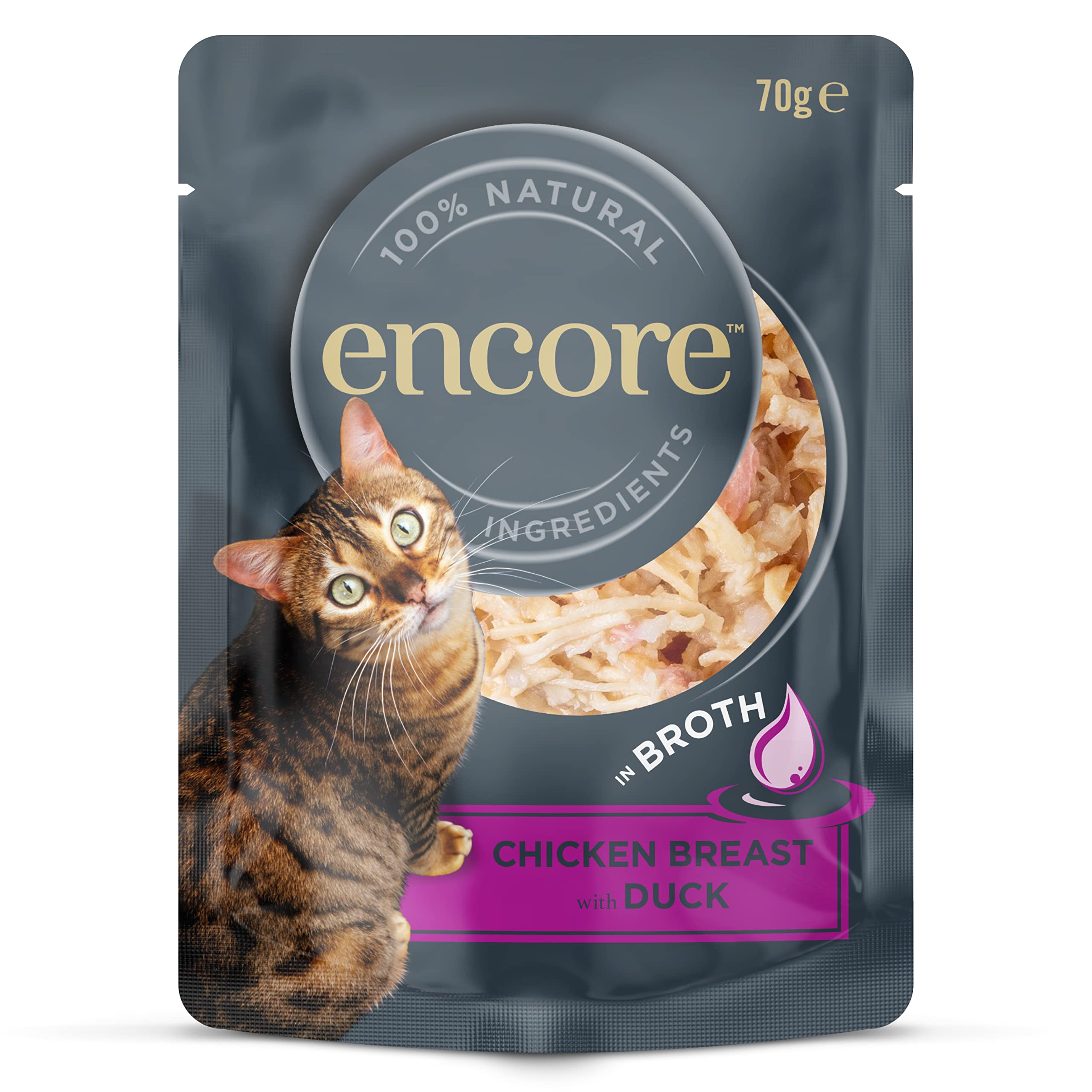 Encore 100% Natural Adult Wet Cat Food, Chicken with Duck in Broth 70g (Pack of 16 x 70g Pouches)