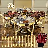 Round Chafing Dishes for Buffet 4 Pack, 6QT Chafers and Buffet Warmers Sets with 2 Heat-Proof Gloves, 4 Spoons, 4 Slotted Spoons & 4 Tongs, Gold Chafing Dishes for Buffet Parties Gatherings
