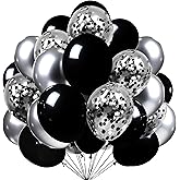 Firomi Metallic Chrome Silver Black Latex Balloons 12 inch 70 Pack Black and Silver Confetti Balloons Set for Birthday Wedding Party New Year (with 2 Ribbons)