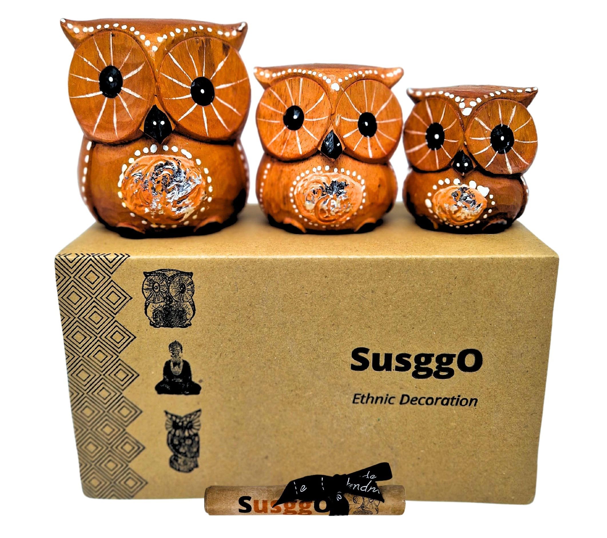 SusggO Set of 3 Decorative Wooden Owls, Decoration, Hand-Carved, Lucky Owl, Craft Idea, Furniture Ornament (Brown, Silver Details)
