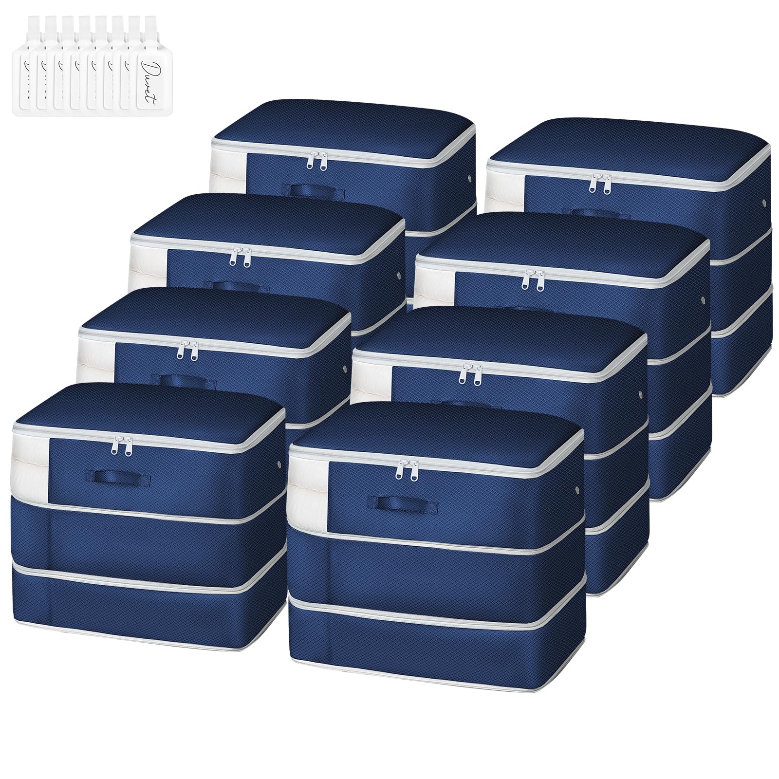 Easortm Comforter Storage Bag - Large Capacity Blanket Storage Bags 3-Layer Ultra Space Saving Self Compression Organizer, Washable Compression Bags for Storage Comforter Blanket, 8-Pack, Navy Blue Image