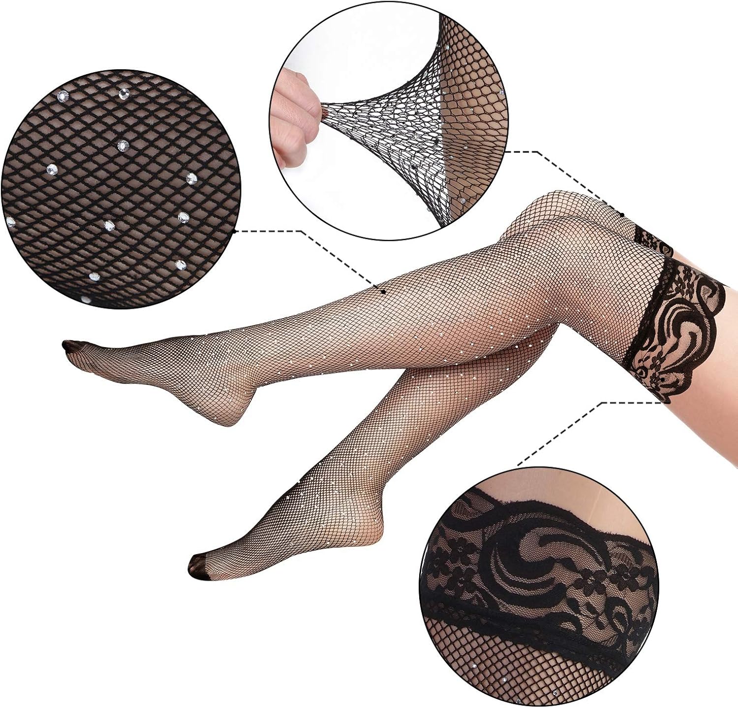 6 Pairs Fishnet Thigh High Stocking Black Lace Top Over the Knee Stocking Rhinestone Bow: Clothing