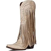 Celbreez Cowboy Boots for Women with Fringe Cowgirl Boots Knee High Cowboy Boots Embroidery Rivet Pointed Toe Chunky Heel Pull On Western Boots Concert Outfits Shose