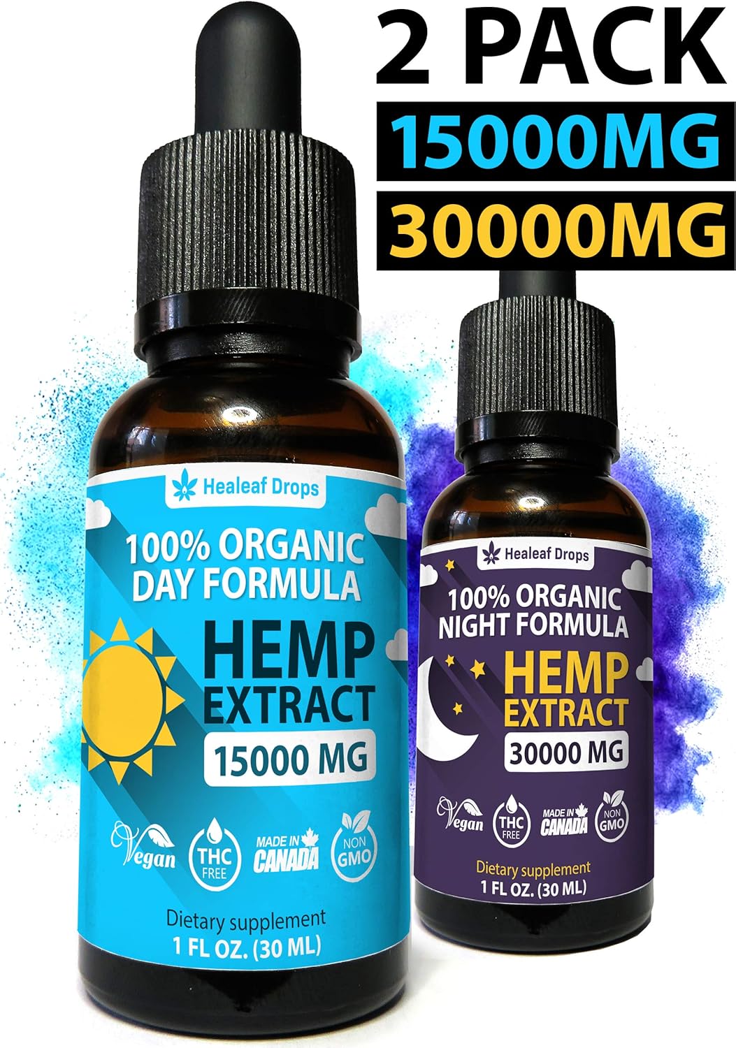 (2-Pack) Hemp Oil Extract for Pain, Anxiety & Stress Relief - New Day & Night Formula - (15000mg + 30000mg) 100% Organic Hemp Extract for Depression and Inflammation Reduction - Grown & Made in USA