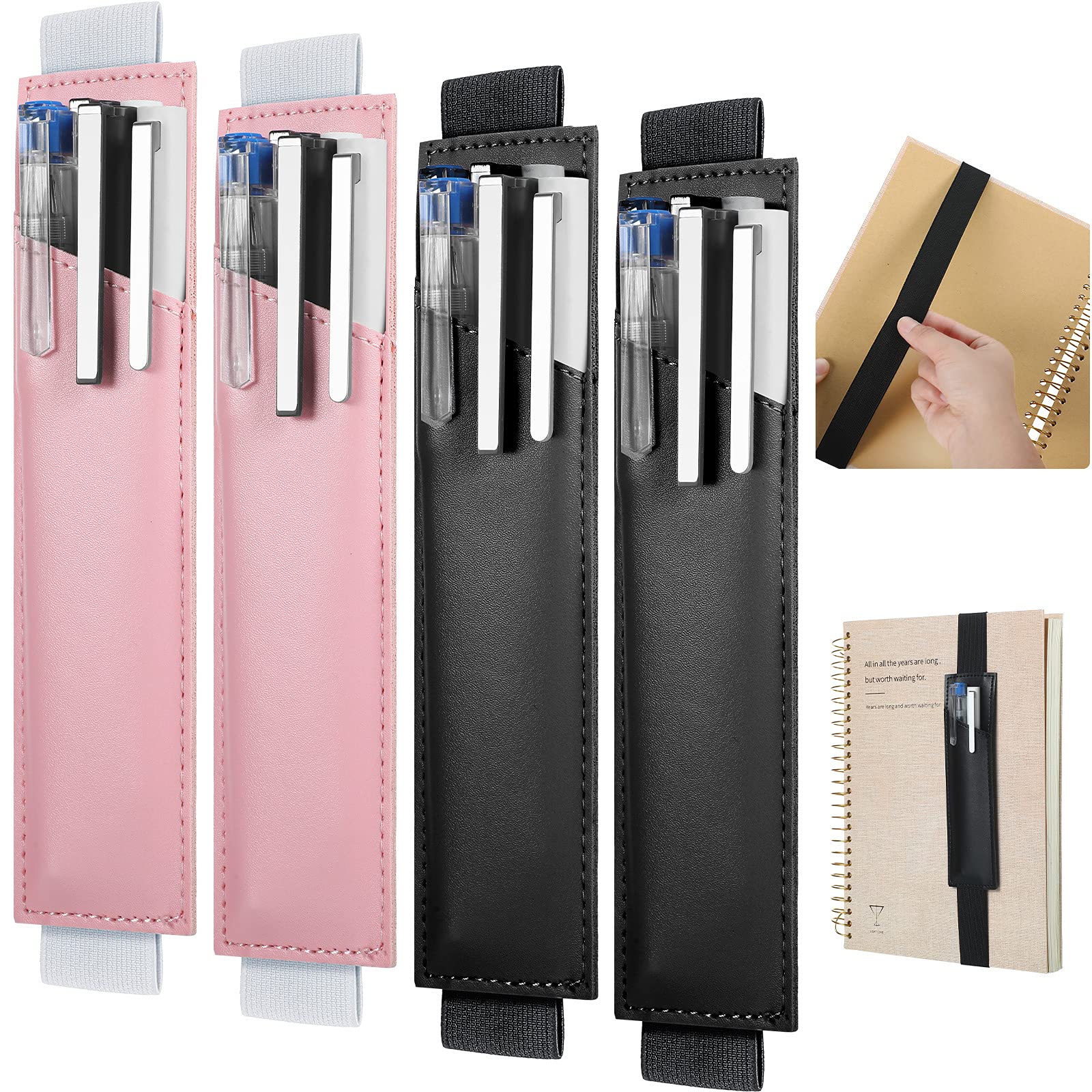 4 Pieces Adjustable Elastic Band Pen Holder Colorful PU Leather Pen Sleeve Pouch Elastic Notebook Pen Holder for Hardcover Journals, Notebooks, 8-1.5 Inch, Detachable (Black, Pink)