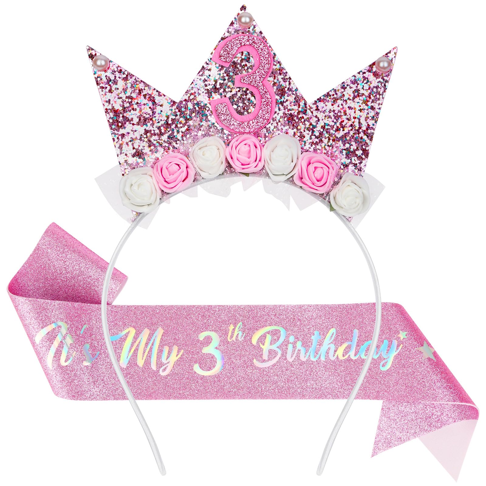 AOOTE Birthday Sash and Tiara, 3th Happy Birthday Decorations Headbands, Princess Crown Hats Girl, Princess Party Glitter Hair Band Decorations Gifts for 3 Year Old Girls
