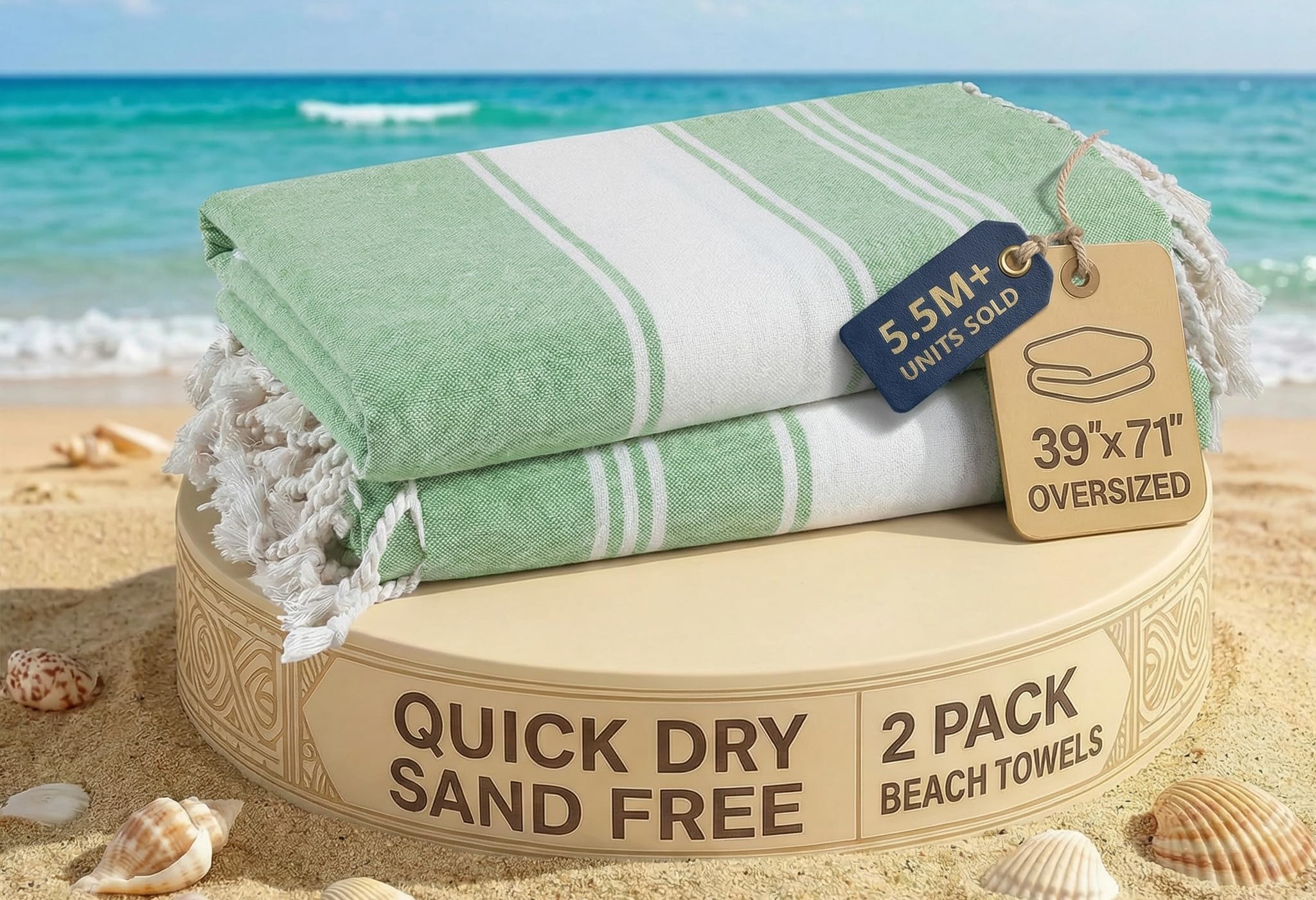 LANE LINEN Turkish Beach Towels 2 Pack - Extra Large, Quick-Dry & Sand Free Pool & Beach Towels for Adults (39x71", Jade Green)