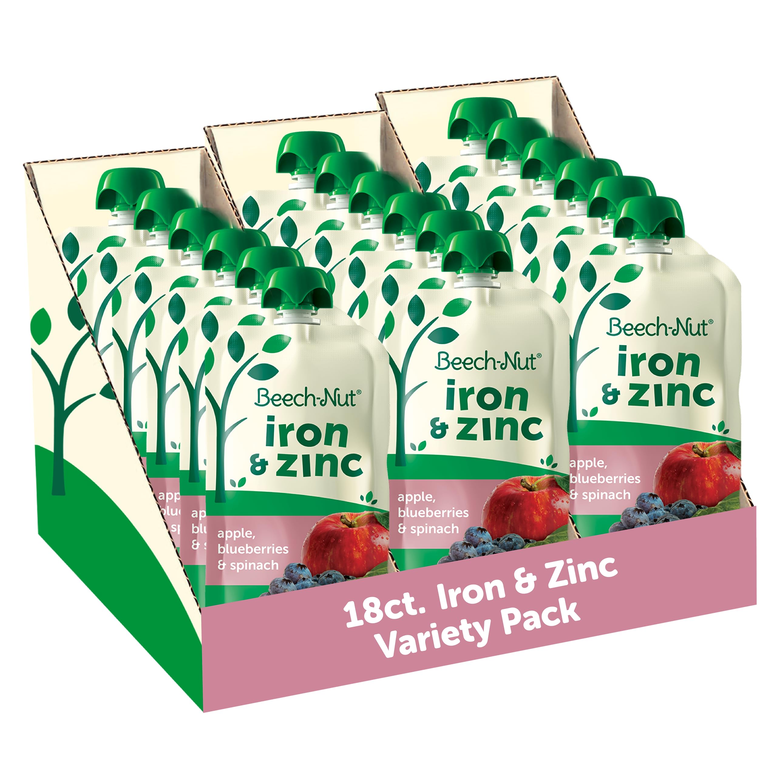 Beech-Nut Baby & Toddler Food Pouches with Iron & Zinc, Apple Blueberry & Spinach Puree, 3.5 oz (18 Pack)