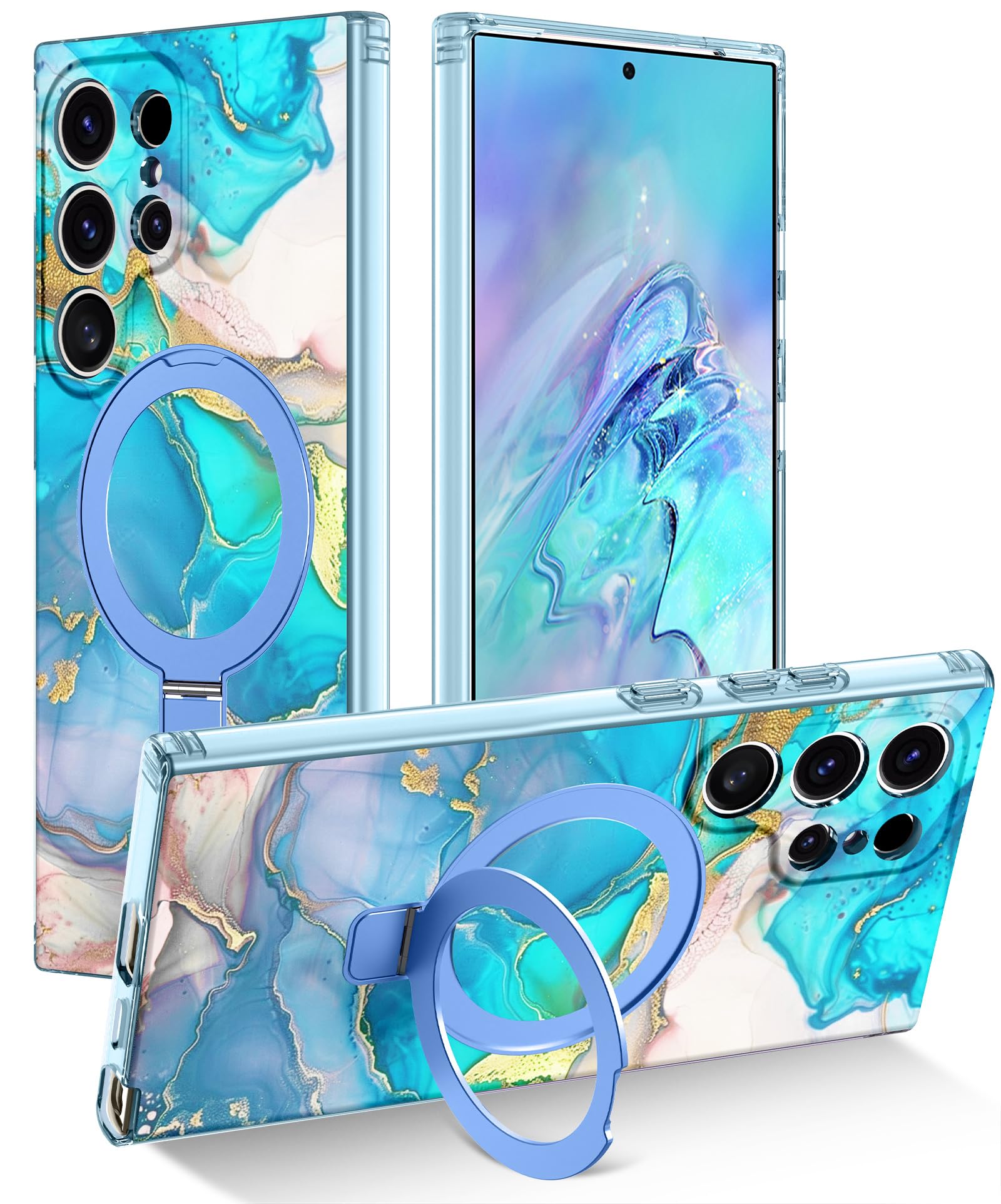 Shecaset Magnetic for Samsung Galaxy S24 Ultra Case with Invisible Ring Stand [Compatible with MagSafe], Full Body Rugged Slim Women Men Girl Shockproof Marble Pattern Design Case,Light Blue