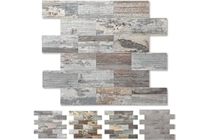 REOVATILE 5-Pack Peel and Stick Tile Backsplash for Kitchen 11.3"X11.5" Thicker Wood Panel Stick on Backsplash for Bathroom Tile, Stair Decals, Laundry Table, Bedroom in Ecru Rustic