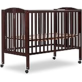 Dream On Me Full-Size 2-in-1 Folding Baby Crib in Espresso, GreenGuard Gold & JPMA, Portable, Patented Quick Folding System, Strong Wheels, 2 Adjustable Mattress Heights