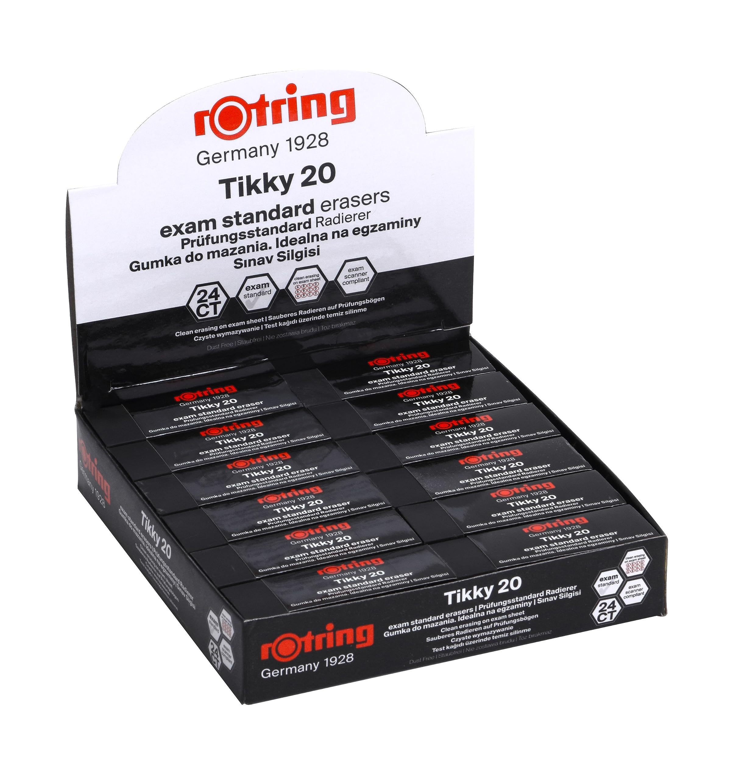 rOtring Tikky Exam Standard Large Pencil Erasers - Box of 24 Rubbers - Clean Dust Free Erasing
