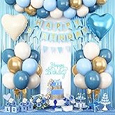Blue Birthday Decorations,Blue Party Decorations with Dusty Blue White Sand Gold Balloons Happy Birthday Banner Fringe Curtain Light Blue Birthday Party Decor for Boy Kids Baby Men