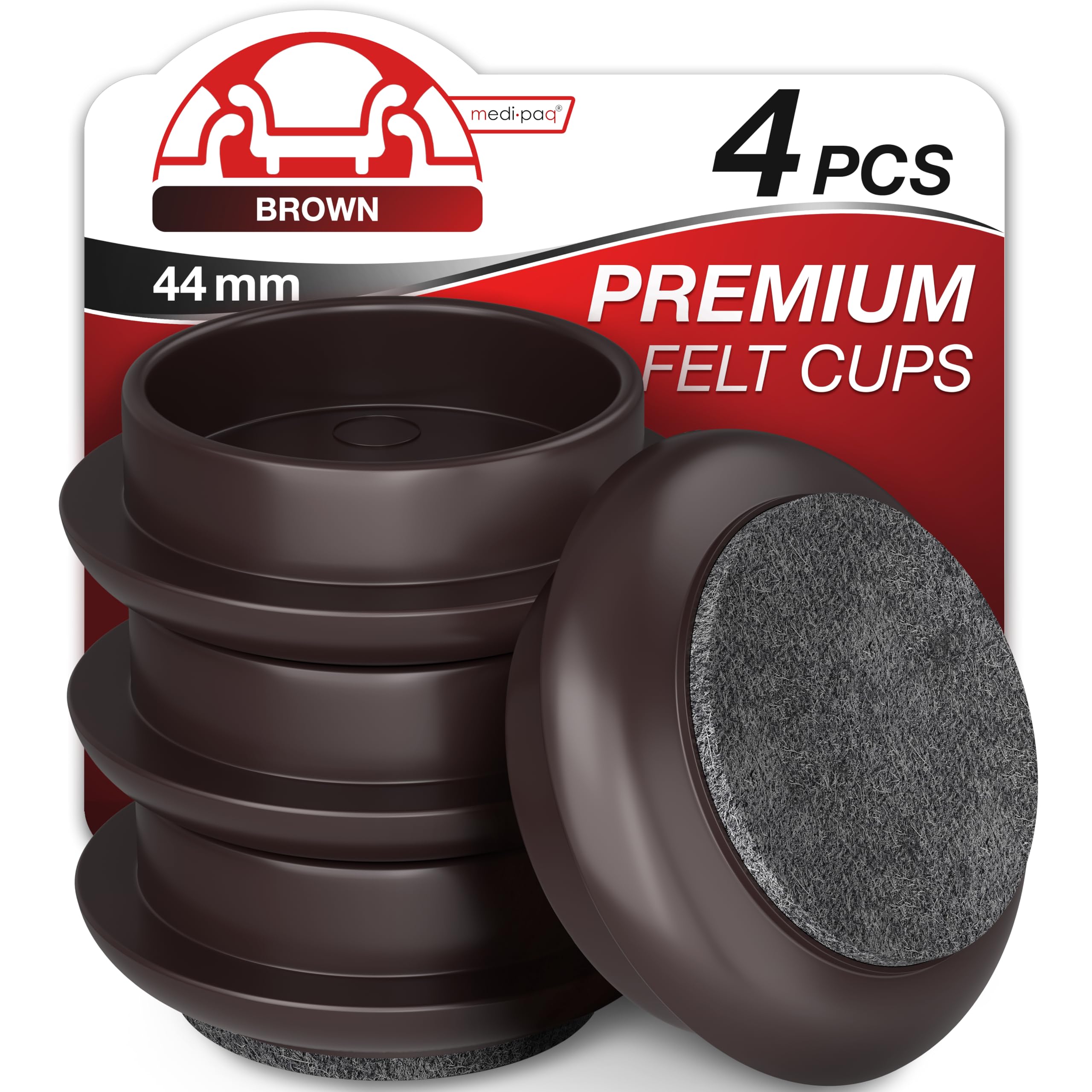 Medipaq Felt Castor Cups – 4x Small 44mm Solid Brown – Protects Wooden & Smooth Floors – Chair & Furniture Leg Protectors