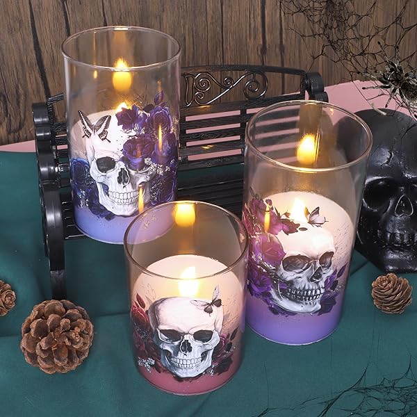 CAFEMOON HALLOWEEN DECOR FLAMELESS CANDLES BATTERY OPERATED LED PILLAR CANDLES WITH REMOTE TIMER, SET OF 3 SKULL ROSE BUTTERFLY DECALS SPOOKY THEMED CANDLES FOR INDOOR HALLOWEEN DECORATIONS