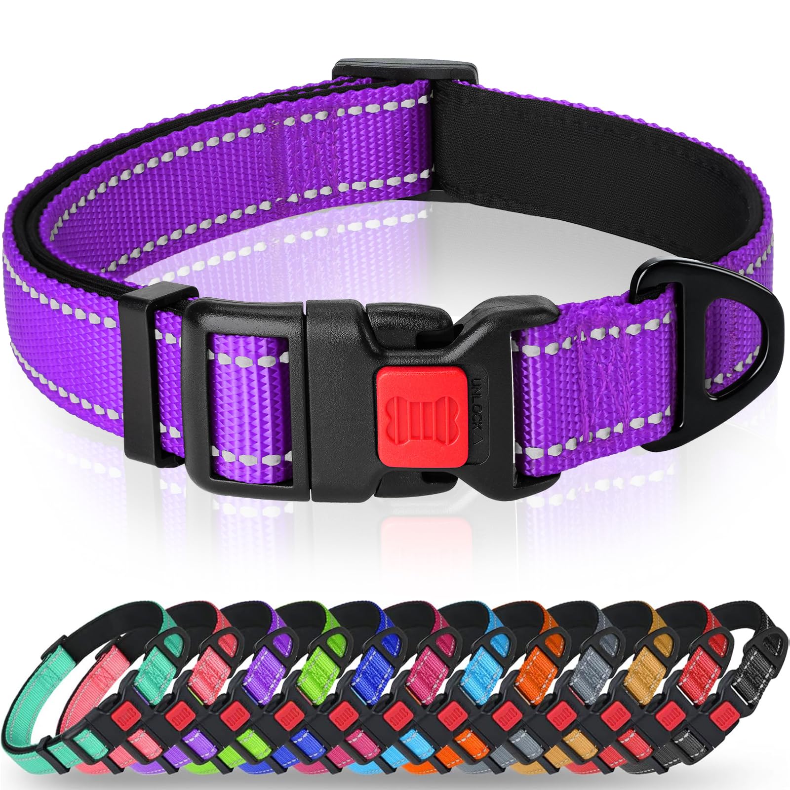 Taglory Reflective Nylon Dog Collar with Safety Buckle, Adjustable Pet Collars with Soft Neoprene Padding for Puppy Dogs, XS, Purple