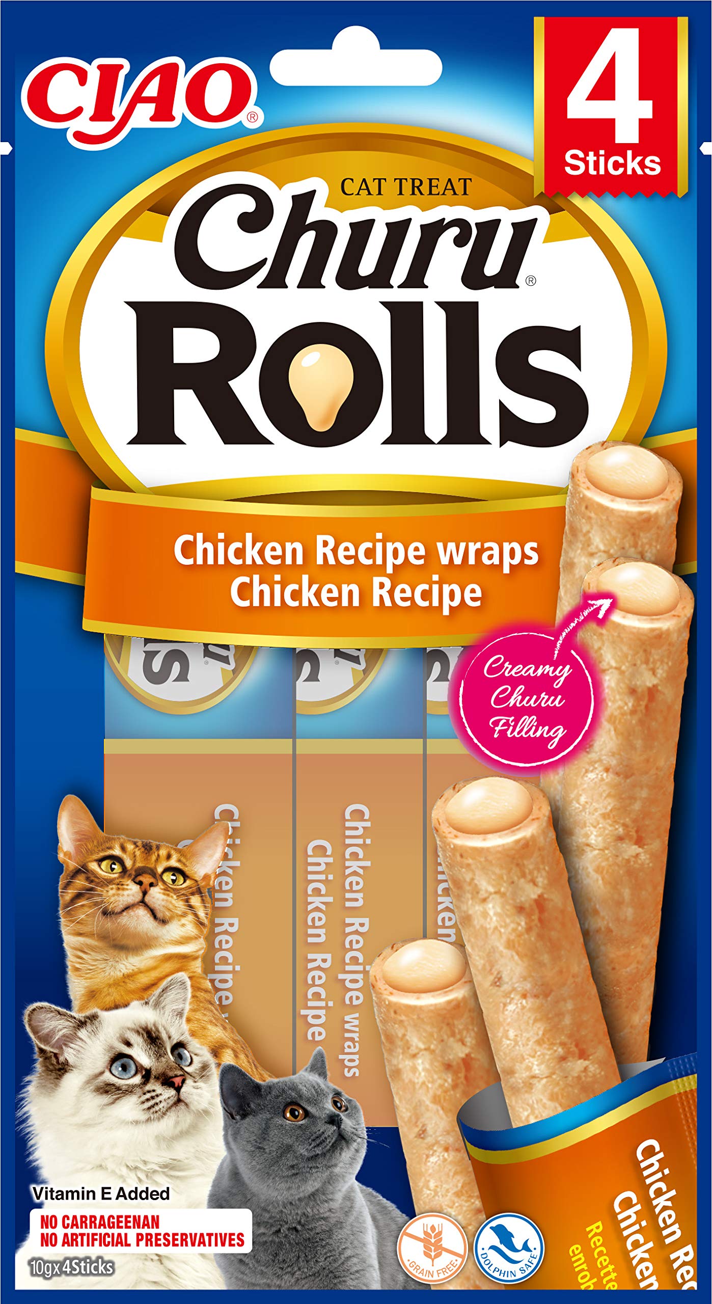 Ciao Churu Rolls by INABA Cat Treat - Chicken Flavour 12 Pack (48 x 10g total) / Crispy Sticks with Creamy Filling Cat Treat, Delicious & Healthy Snack, Hand Feeding, Natural, Grain Free