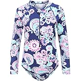 Girls Rash Guard Long Sleeve One Piece Swimsuits Stripes Zipper Bathing Suits UPF 50+/Sun Protection