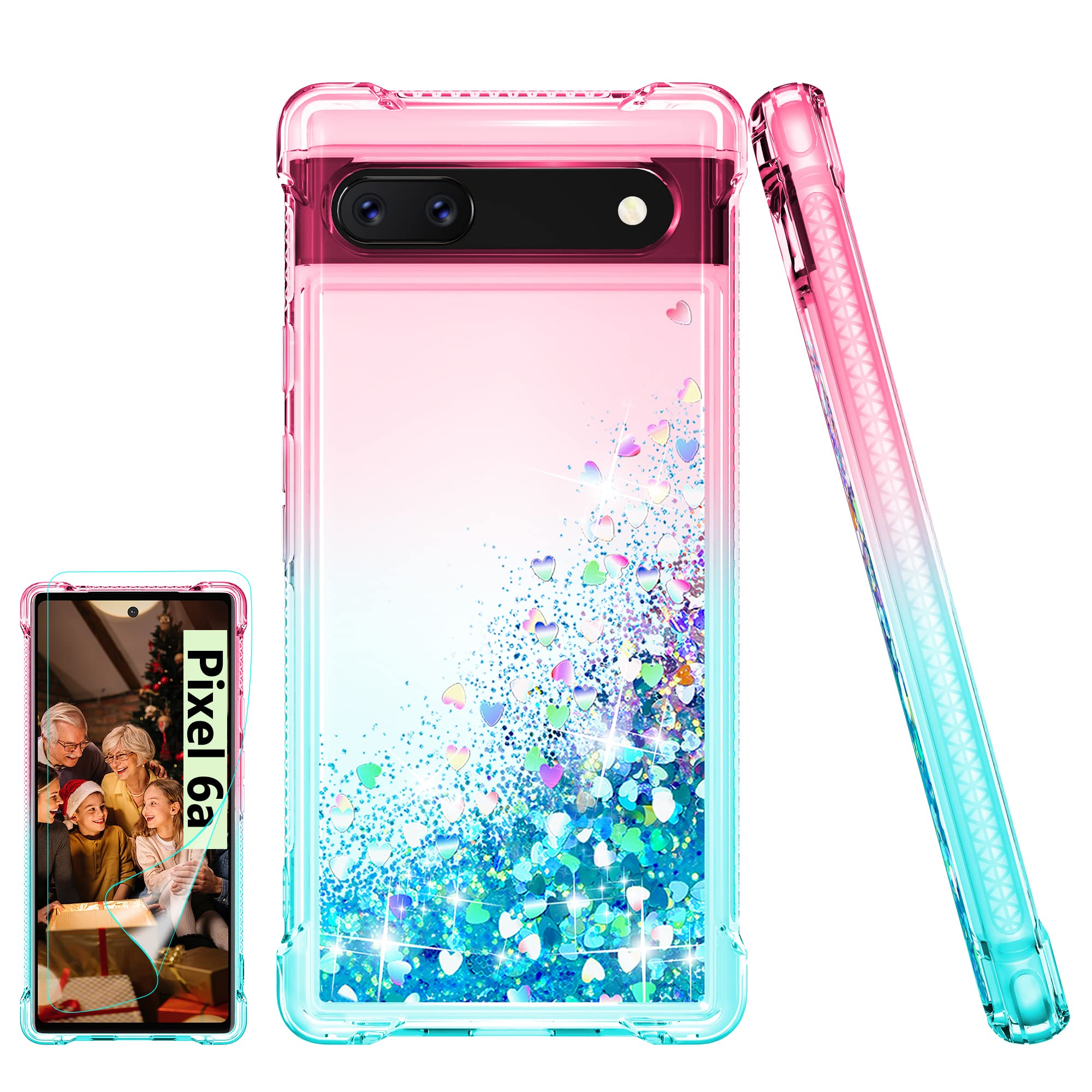 Pilaru for Google Pixel 6a Case [with Screen Protector] Clear Liquid Heart Glitter Soft TPU Bumper Cover Holographic Heart Girly Woman Protective Phone Case for Google Pixel 6a,Pink/Teal