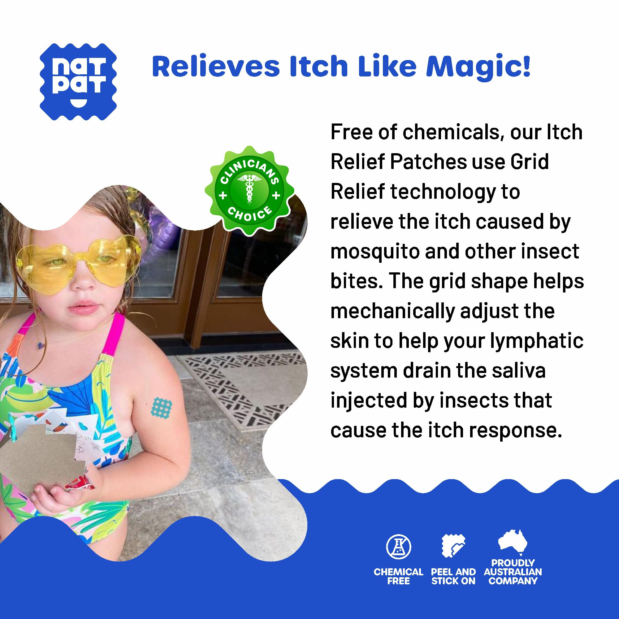 NATPAT Magic Patch Itch Relief Stickers - Insect Bite Patch for Mosquitos, Ticks, Midges, Sandflies, and Bed Bug Bites - Buzzpatch - 32 Count
