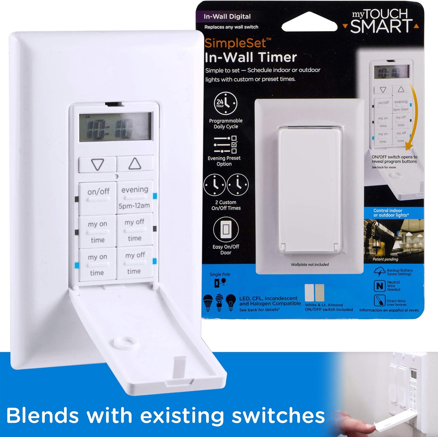 myTouchSmart In-Wall Digital Timer, On/Off Push Door Switch, 4 Programmable On/Off Buttons, Easy On/Off, 24 Hour Daily Cycles, Blue LED Indicators, for Indoor and Outdoor Lights, Fans, more, 41431