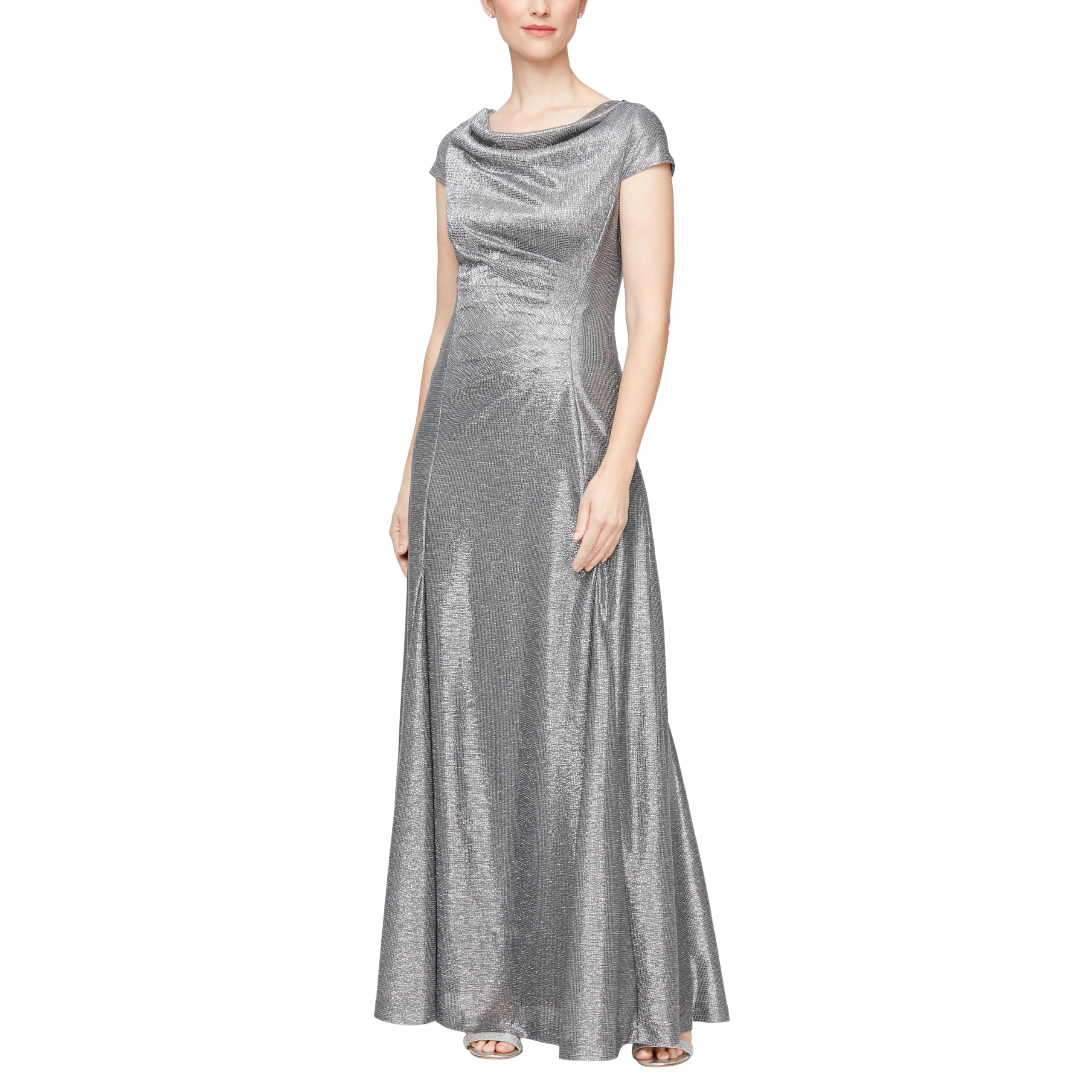 Alex Evenings Women’s Long Cowl Neckline Mother of The Bride Dress, Formal Event Gown (Petite and Regular Sizes), Smoke Metallic, 18