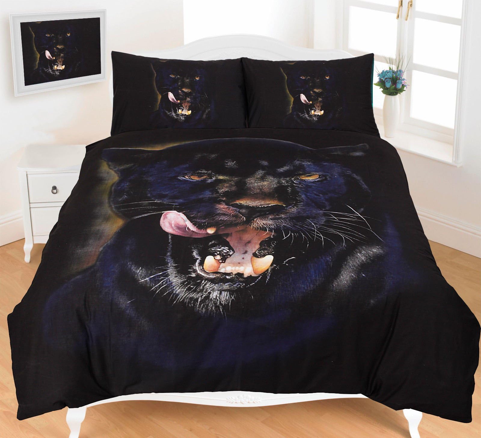 Sleepy Eyes NEW 3D DOLPHIN WOLVES PHOTOGRAPHIC DUVET QUILT COVER PILLOWCASE BEDDING SET SINGLE DOUBLE KING SUPERKING SIZE (Black Panther Print, Single)