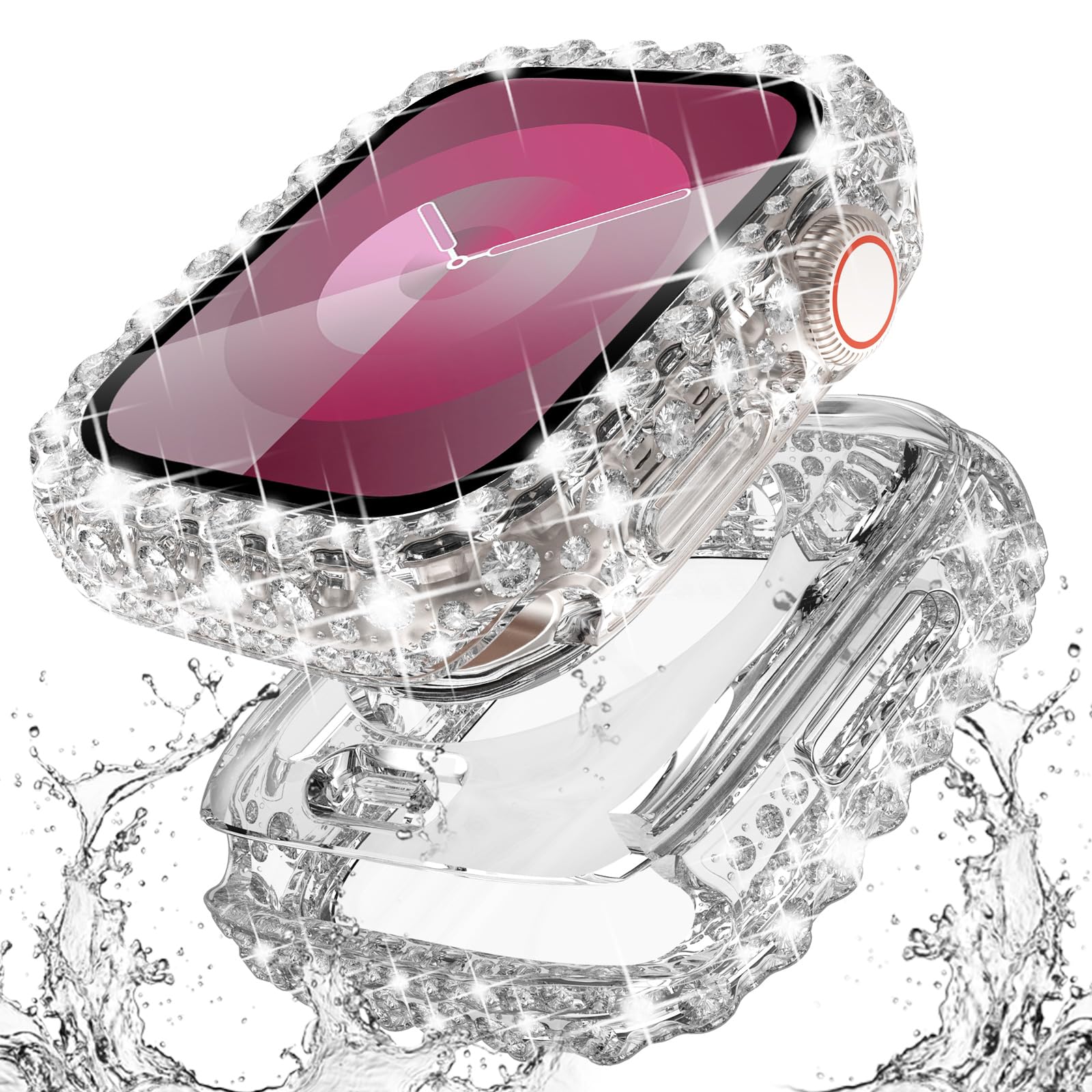 Surace 2 in 1 Waterproof Bling Case Compatible for Apple Watch Series 6 5 4 SE 40mm Screen Protector, Lace Edge Diamond Protective Bumper Face Cover for iWatch Accessories Women, 40mm, Clear