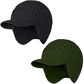 ZEXIAN 2Pack Men&Women Winter Warm Fleece-Lined Knit Beanie Hats with Visor & Ear Flaps for Cold Weather