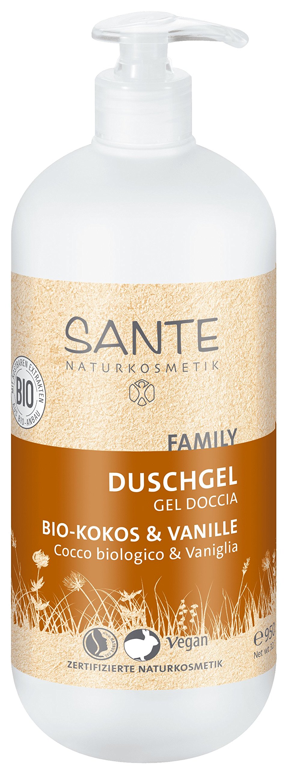 SANTE Naturkosmetik Shower Gel Organic Coconut & Vanilla 950 ml Family Size with Pump Dispenser Tropical Fragrance Cleans Gently & Thoroughly Vegan No Microplastic