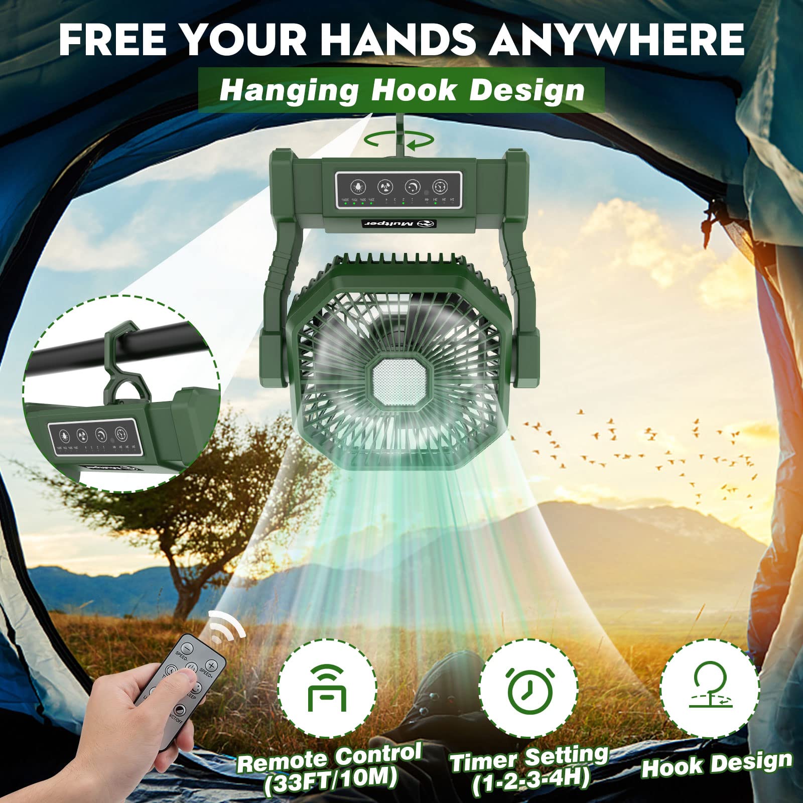 10000mAh Camping Fan Rechargeable with LED Lantern, Portable Fan Outdoor Camping Fans for Tents with Remote & Hook, 4 Speed Powerful USB Table Fan for Fishing, Camping, Travel, Jobsite
