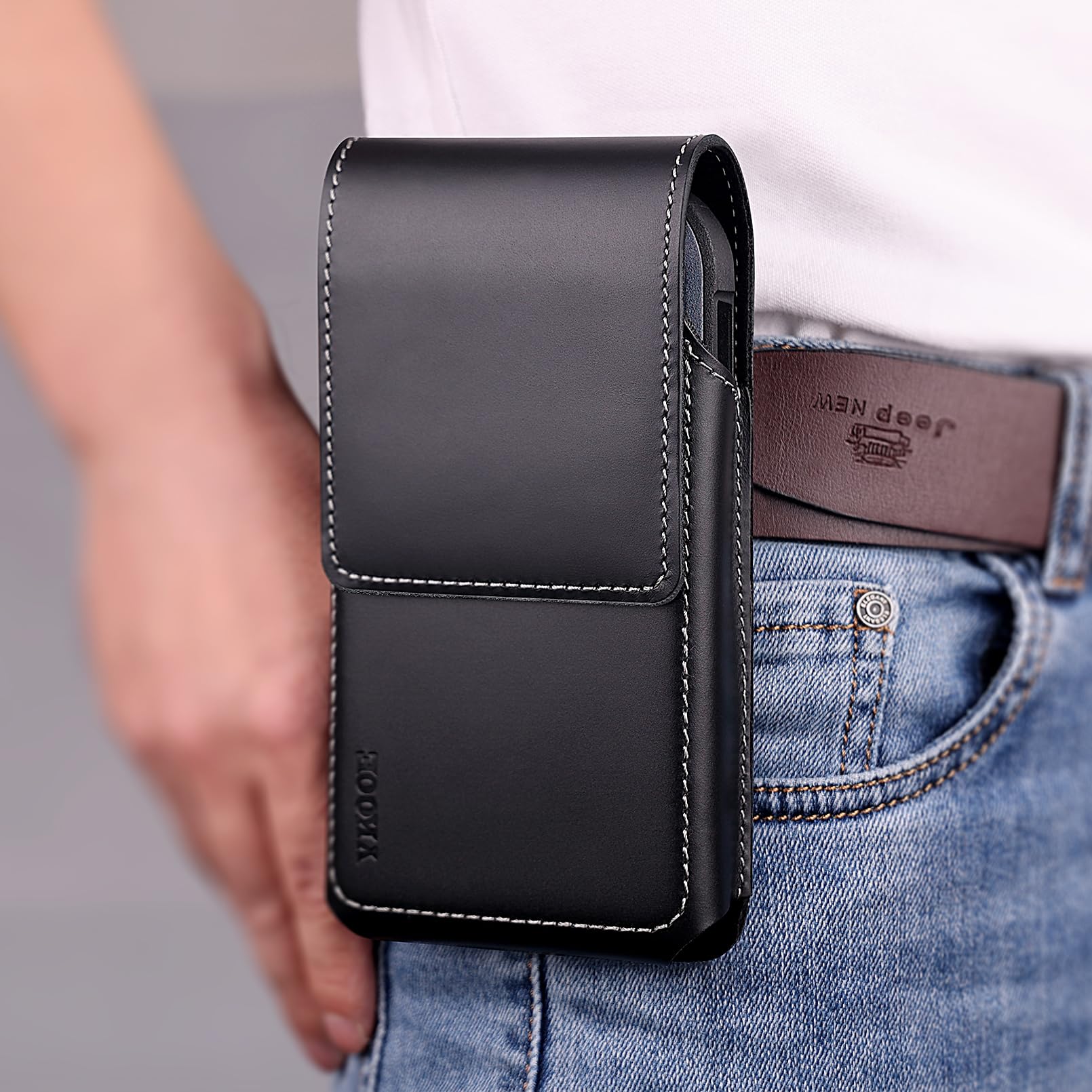 ykooe Genuine Leather Phone Holster Compatible with iPhone 16/15/14/13/12 Pro Max & Plus Models, Galaxy S24/S23/S21 FE -Belt Clip and Magnetic Closure, Black, XL