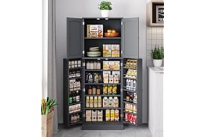 Yusong Tall Kitchen Pantry Storage Cabinet with Doors and Shelves, Wooden Food Pantry Farmhouse Cupboard Freestanding Buffet for Kitchen Dining Living Room, Grey