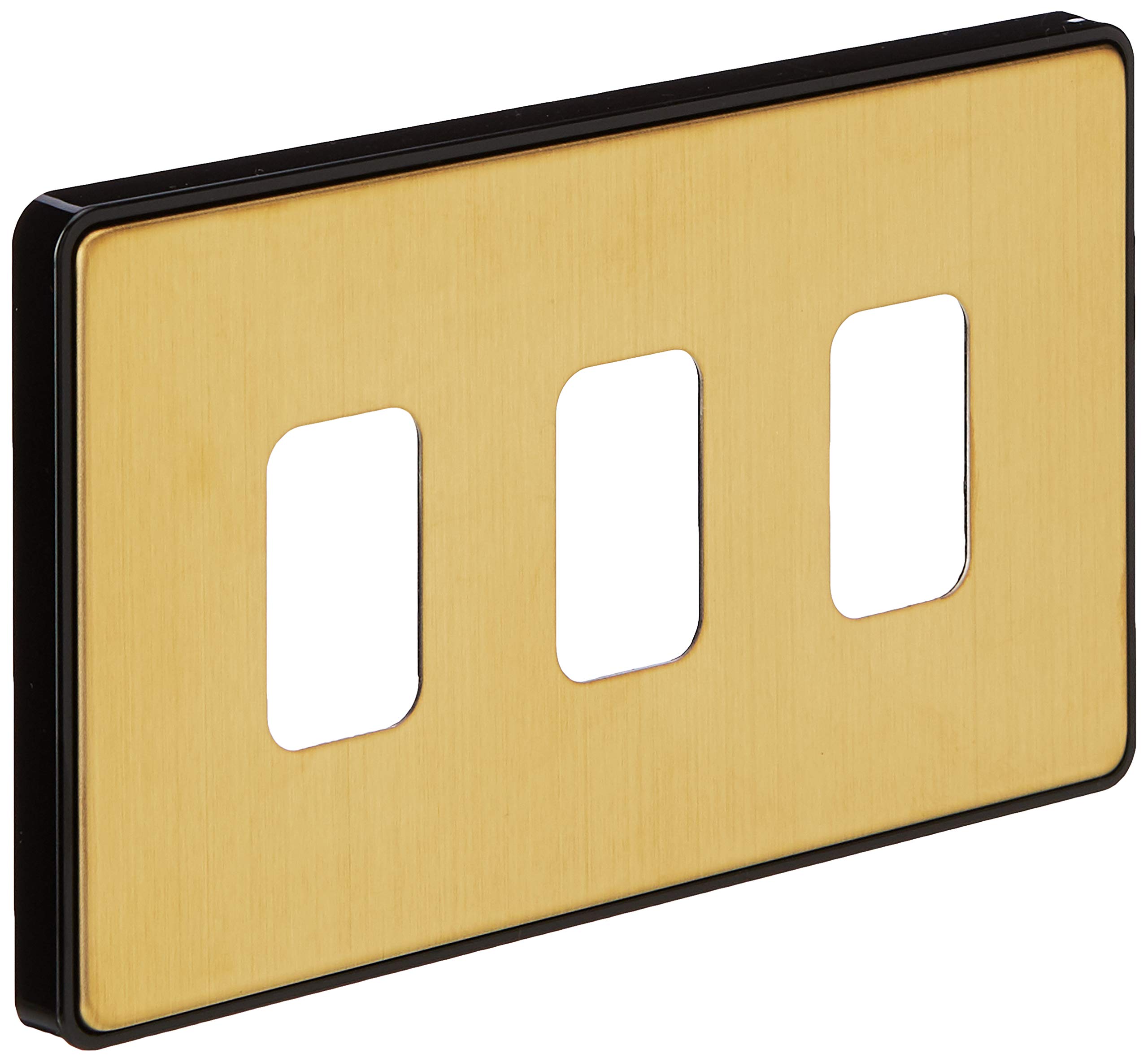 MK Dimensions 3 Module Grid Satin Brass Finish Frontplate with a Black Trim