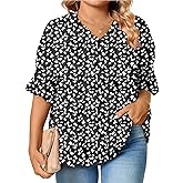 Eytino Plus Size Tops for Women Summer V Neck Short Sleeve Boho Floral Printed Flowy Chiffon Shirts Blouse(1X-5X)