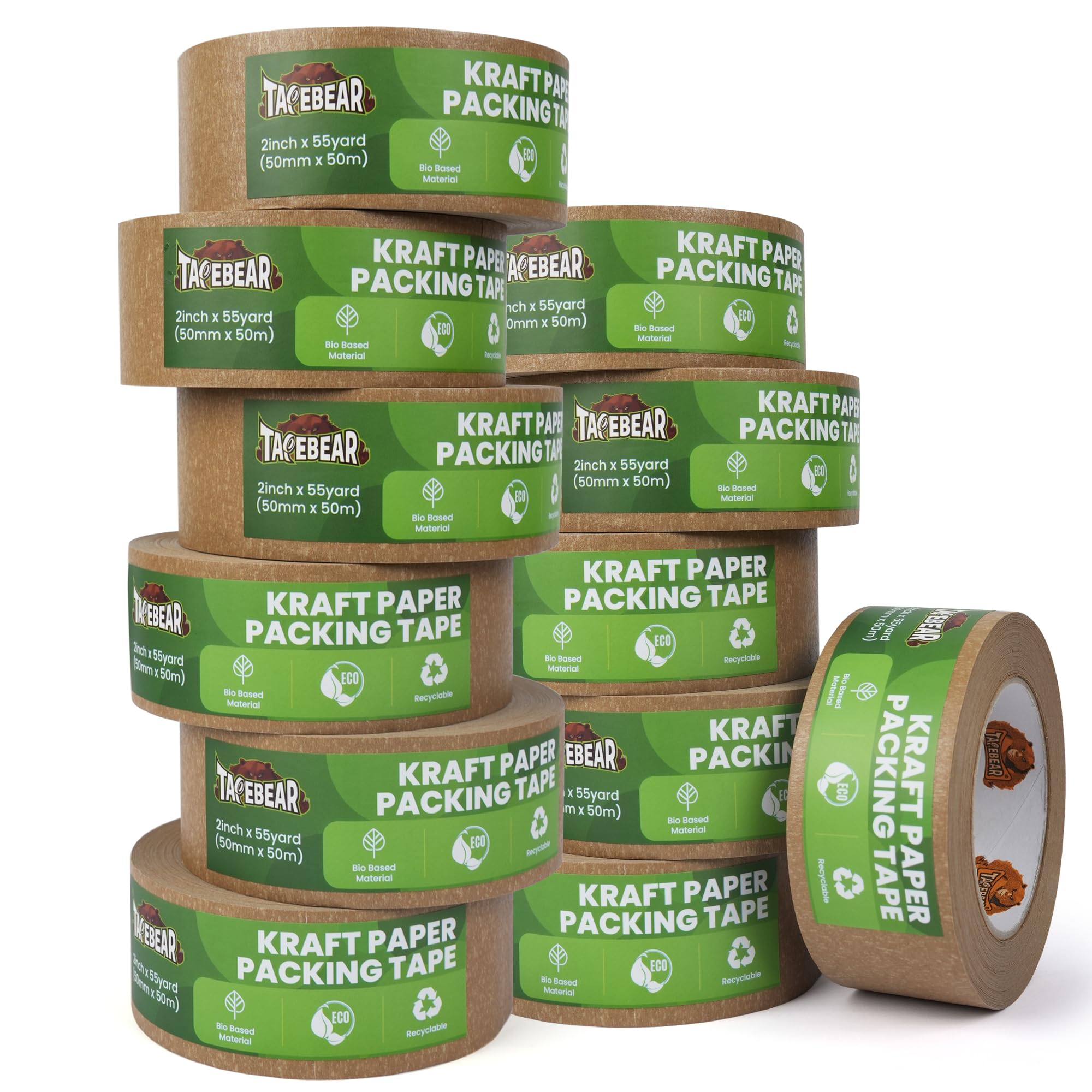TAPEBEAR Kraft Paper Packing Tape 50mm x 50m, Eco Friendly & Recyclable Brown Paper Tape Heavy Duty Parcel Tape Biodegradable for Parcel Packaging, Moving and Multi-use, 12Rolls