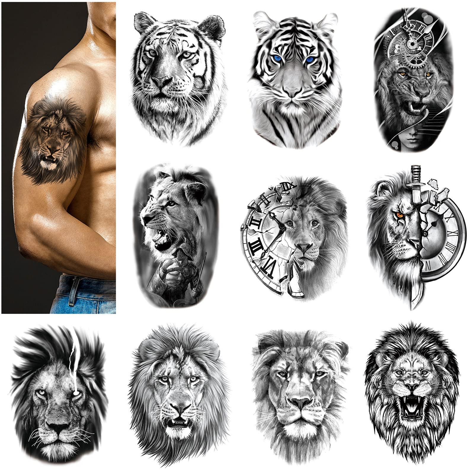 Temporary Tattoos for Adults Men - Large Tiger Lion Fake Tattoo Stickers Kit for Forearm Arm Shoulder Chest