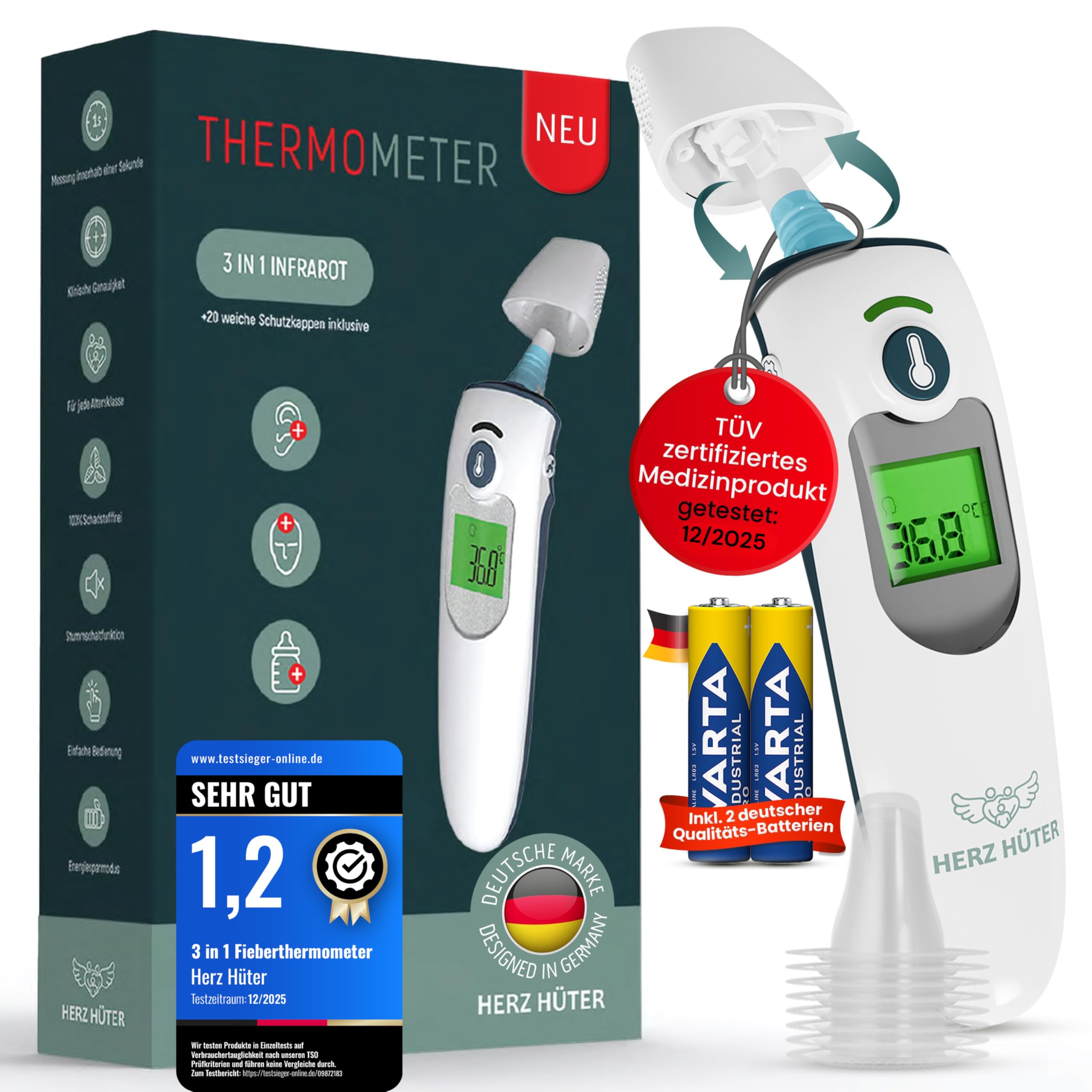Fieberthermometer Ohr & Stirn, 3 in 1 Thermometer Ohrthermometer Baby Kinder & Erwachsene Stirnthermometer kontaktlos Digitales Fieber-Thermometer Infrarot-Messgerät, TÜV-zertifiziertes Medizinprodukt