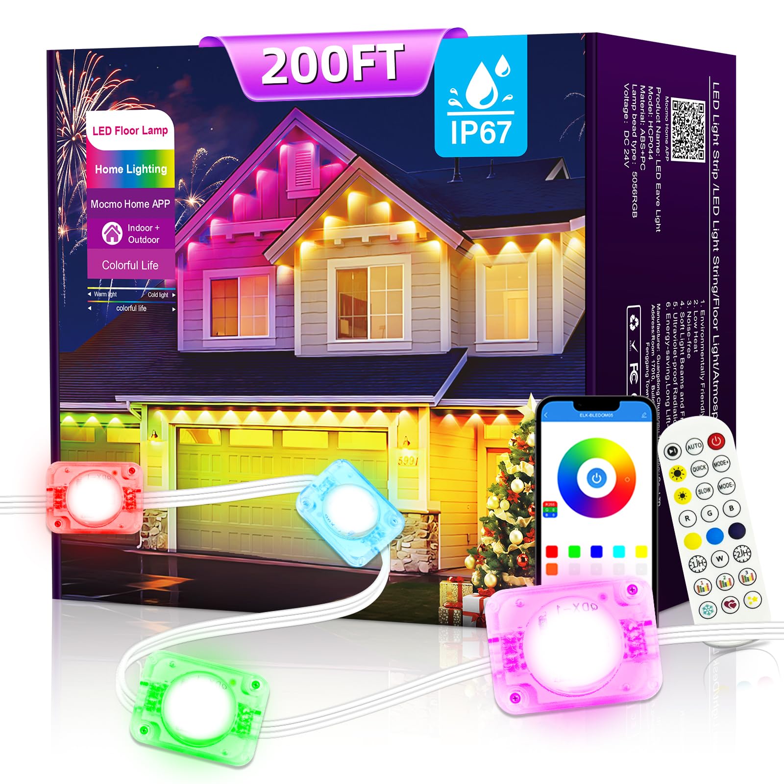 Photo 1 of AHAWILL Permanent Outdoor RGB Lights with IP67 Waterproof, Smart Outdoor String Lights Remote Control, Eaves Lights with App, Daily and Accent Lighting for Halloween,Christmas Holiday Decor(200ft)