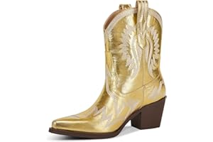 HOCHFART Western Boots for Women Metallic Embroidered Pointed Toe Cowgirl Boots Chunky Heel Pull-On Short Cowboy Boots Wide Calf Country Ankle Boots