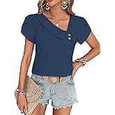COZYEASE Women's Asymmetrical Neck Petal Sleeve Button Detail Blouse Top Casual Solid Summer Blouse Shirt Top