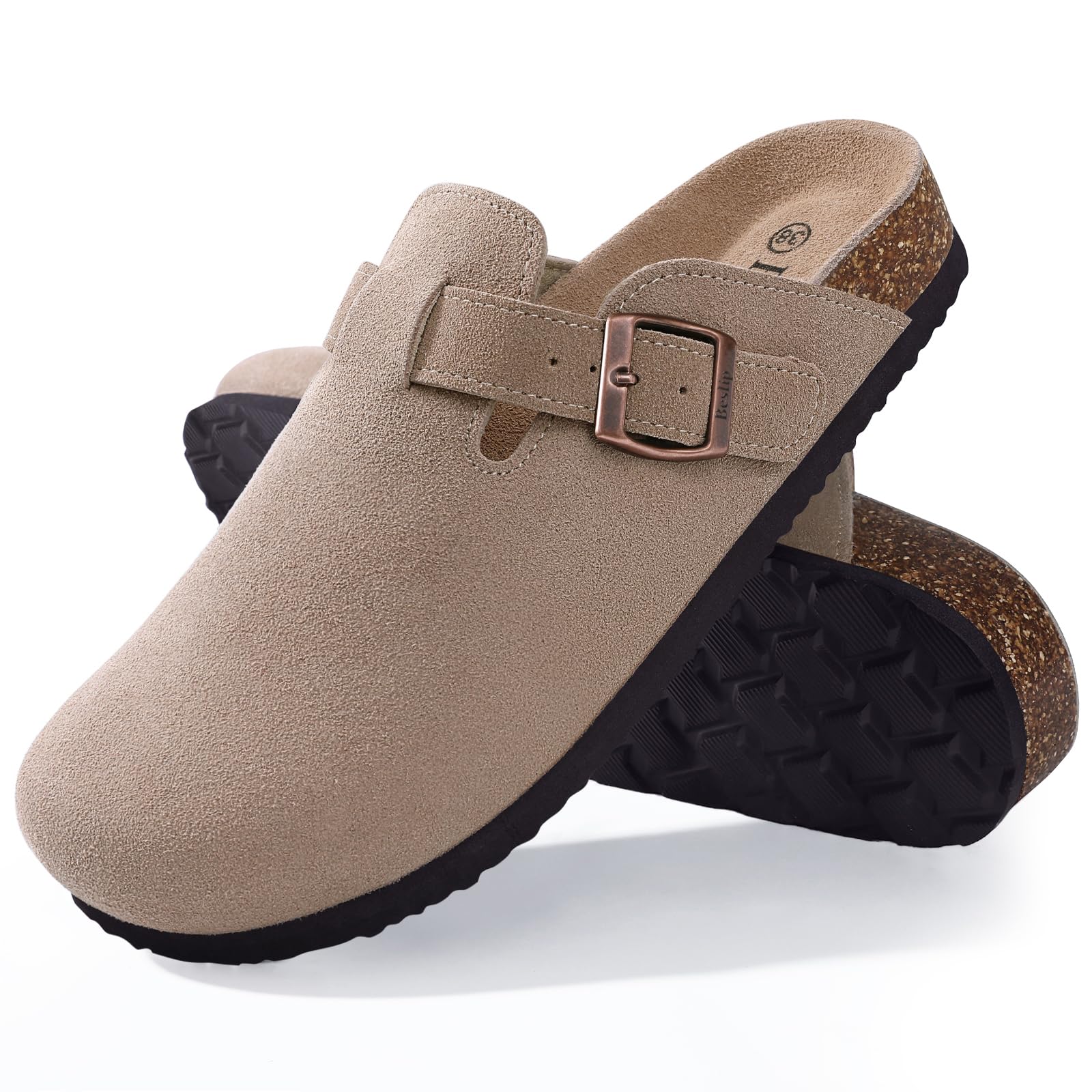 Beslip Wildleder Clog für Damen Weiches Kork Fußbett Leder Pantoletten Komfort Kartoffel Schuhe mit Arch Support, Taupe Frauen Größe 39 EU 3