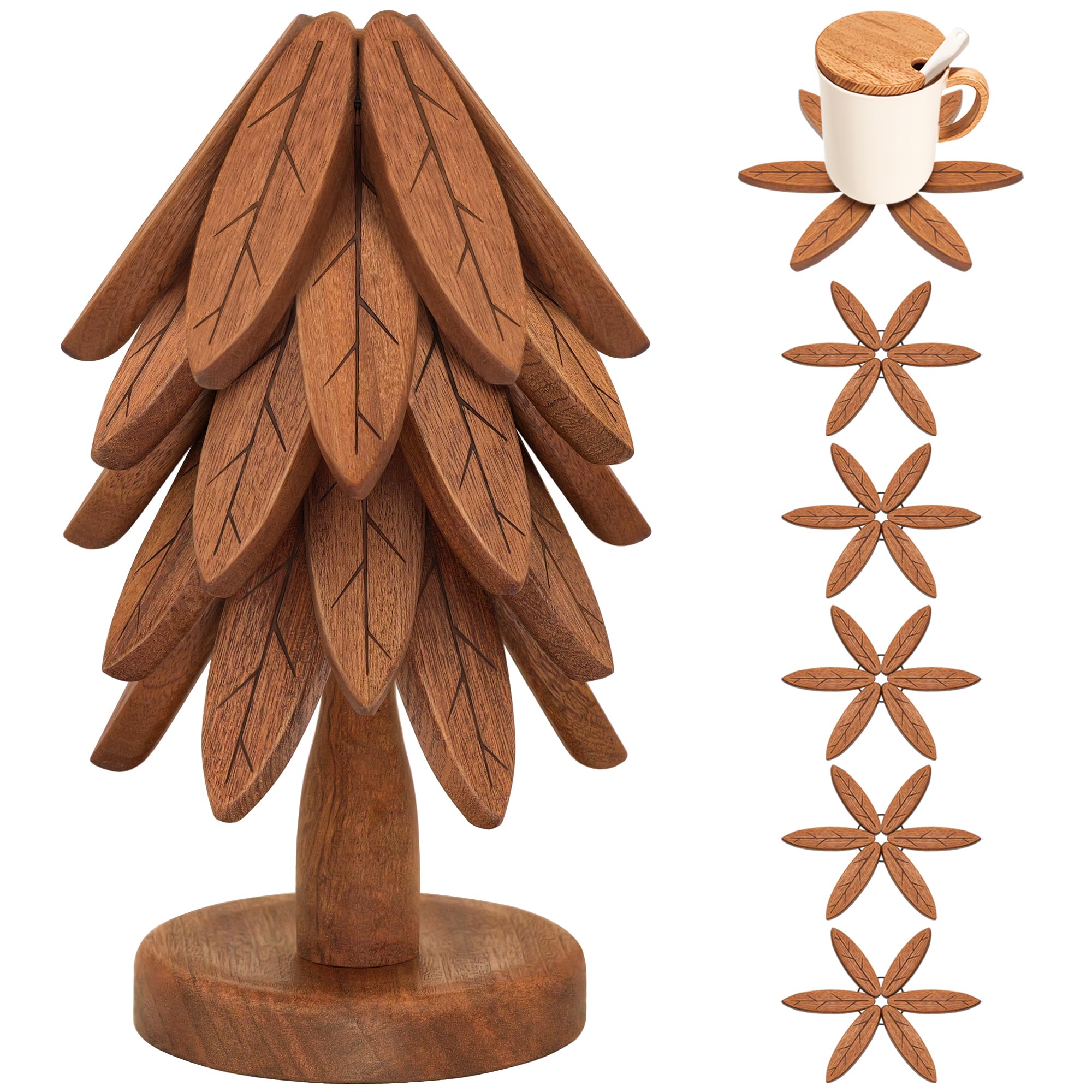 Photo 1 of Wooden Trivets for Hot Dishes, Wooden Tree Trivet Set, Tree Coasters - of 5 + 1 Stand stored, Suited for Hots, Pans, Bowl, Teapot, Hot Holders - Multifunctional Ornaments