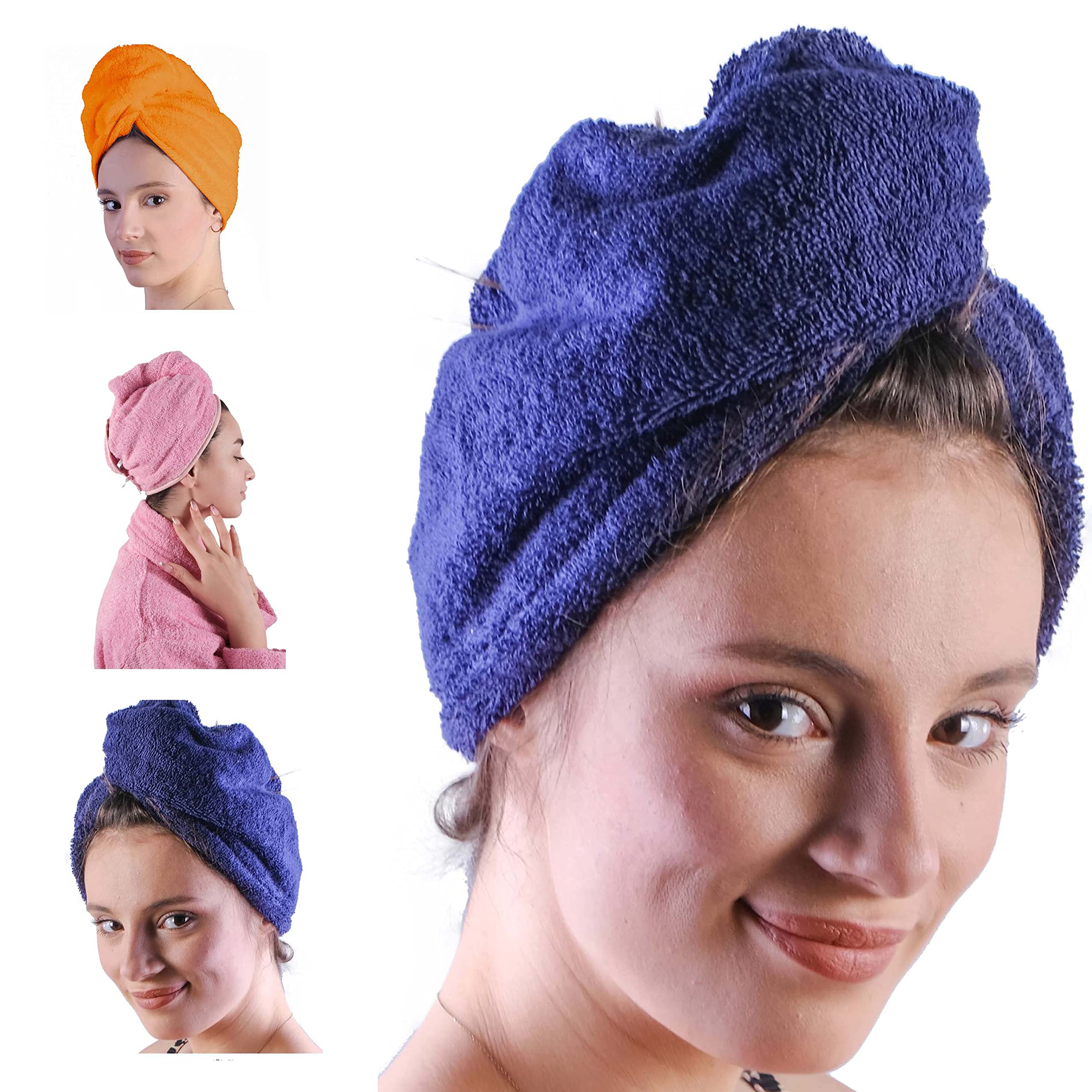 LLAMAXY Hair Towel 100% Pure Organic Cotton Hair Drying Towels Adult Child Hair Wraps Hair Turban - Towel Wrap Hair Drying Quick Twist Rapid Dry Cap 3 pack of Orange + Pink + Blue