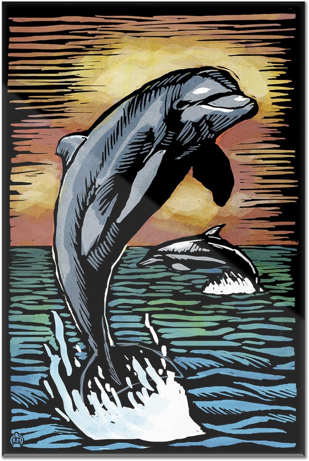Dolphins Scratchboard (12x18 Acrylic Wall Art Gallery Quality