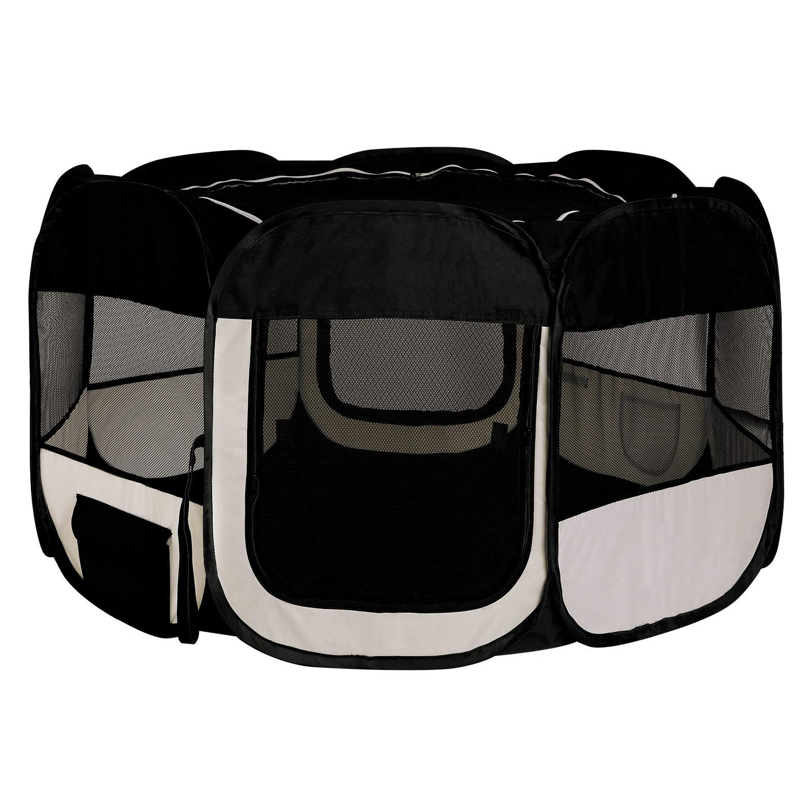 lionto Puppy run made of Oxford fabric & breathable mesh, foldable, Ø 110 cm, height 64 cm, playpen for indoor & outdoor use with 2 entrances, pop-up system, incl. carrying bag & pegs, black/beige