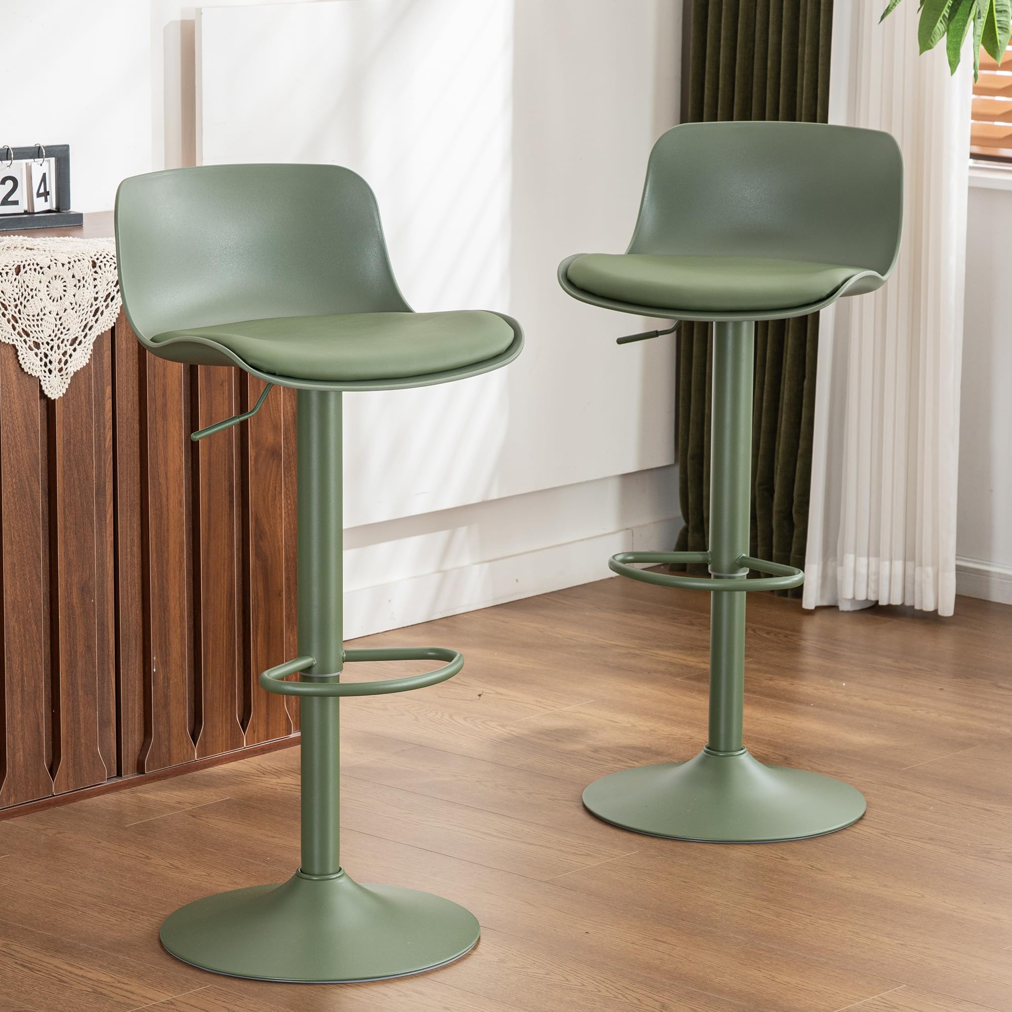 Photo 1 of Kidol & Shellder Bar Stools Set of 2 Olive Green Adjustable Swivel Counter Height Stools, Modern PU Leather Upholstered with Back Solid Color Barstools for Kitchen Island