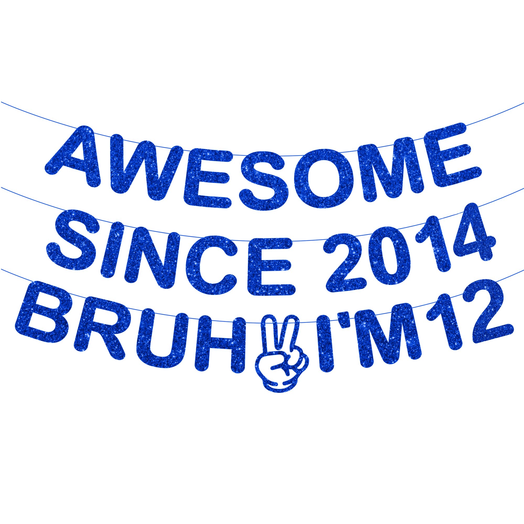12th Birthday Decorations Banner Boys - 3 Pcs Pre-Strung Blue Glitter Awesome Since 2014 Bruh I'M 12 Lettering Banner for Boys Girls Teens 12 Year Old Birthday Celebrations Party Decor Supplies