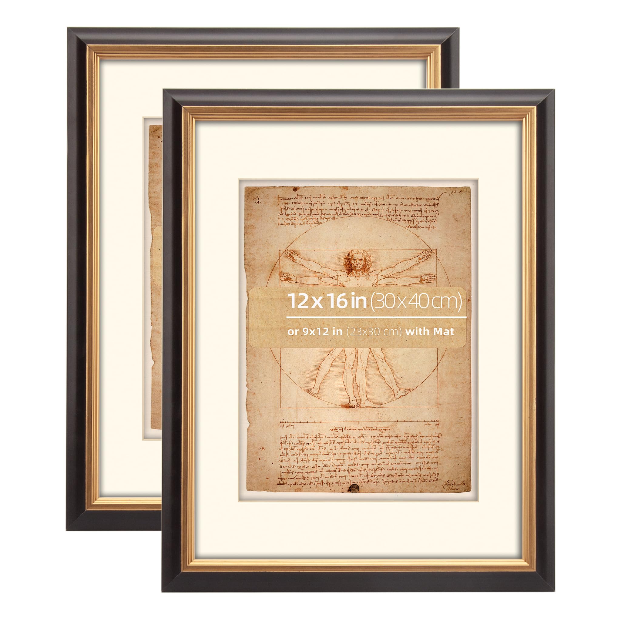 Eitida 12x16 in (30x40 cm) Black and Distressed Gold 2 Tone Vintage Retro Picture Frame, With Mat for 9x12 (23x30 cm) Art, Wall Hanging Photo Display Horizontally or Vertically, Gold Inner, Pack of 2 โ image 1